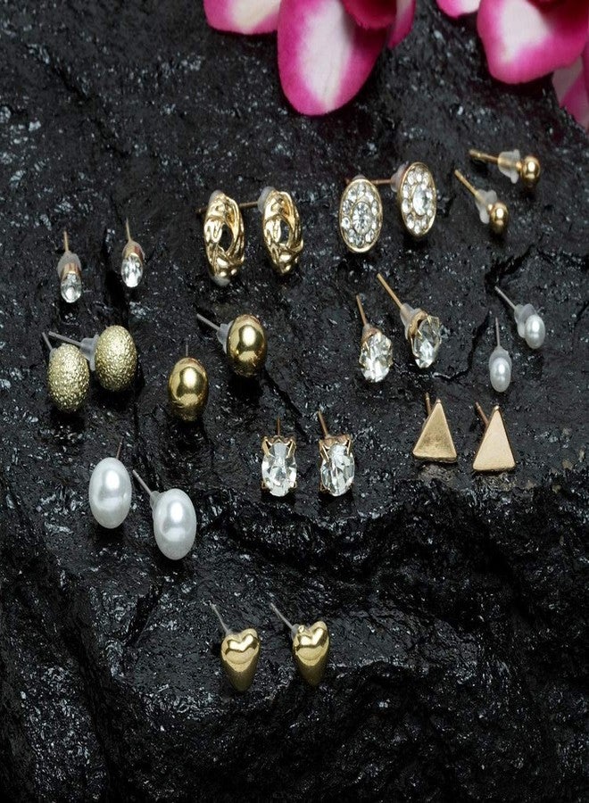 Fabula by OOMPH Jewellery Combo of 12 Gold Tone Crystal & Pearl Office-wear Fashion Ear Stud Earrings for Women & Girls (ESN117) - Image 2
