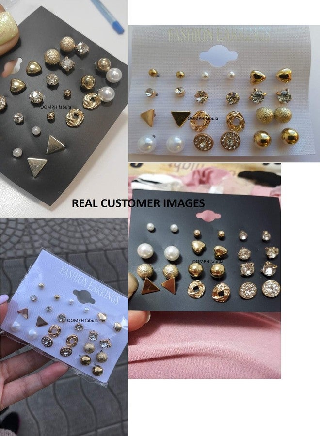Fabula by OOMPH Jewellery Combo of 12 Gold Tone Crystal & Pearl Office-wear Fashion Ear Stud Earrings for Women & Girls (ESN117) - Image 5