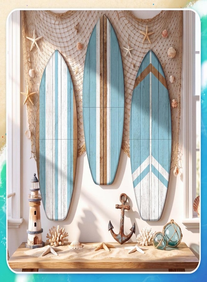 Yookeer 3 Pcs Surfboard Wall Decor,36" x 12" Large Wooden Surfboard Wall Art Set, Beach Room Decor Aesthetic Cute Beachy Tropical Surf Board Art for Surfer Bedroom Decoration(Blue,Cute) - Image 2