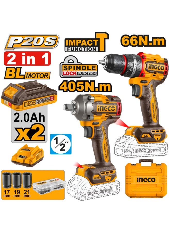 طقم أدوات لاسلكية إنجكو CKLI20286 – قطعتين (دريل + مفك صدمات)، بطارية ليثيوم، مع شاحن، عدة كهربائية احترافية