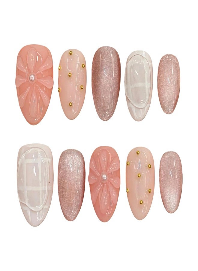 Tesytto Nude Pink Press On Nails Short Almond Cat Eye Fake Nails With 3D Sleek Water Drop Design Glossy Finish Glitter Full Cover Acrylic Nails Ice Flowers M