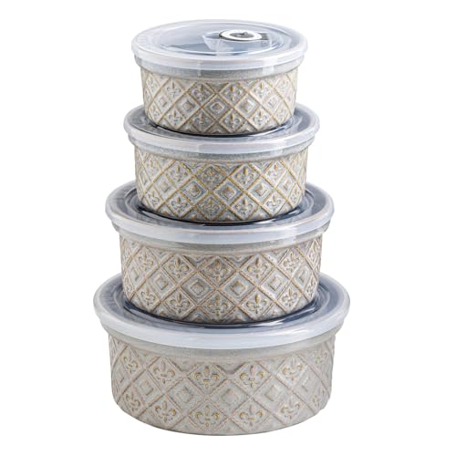 MISSYSSIM Ceramic Mixing Bowls with Lids Set of 4, Embossed Nesting Storage Bowls for Cooking, Serving, Salad, Popcorn etc, Microwave and Dishwasher Safe, Baking Dishes 12/16/28/40 oz (Gray) - Image 1