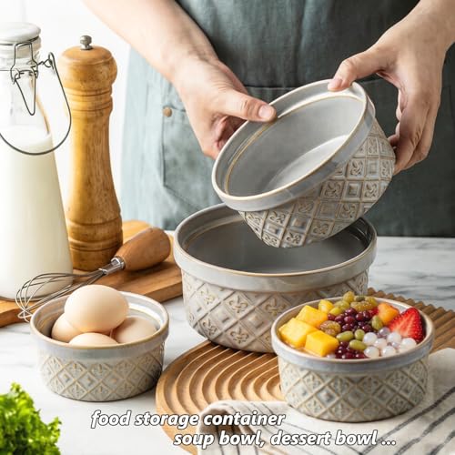MISSYSSIM Ceramic Mixing Bowls with Lids Set of 4, Embossed Nesting Storage Bowls for Cooking, Serving, Salad, Popcorn etc, Microwave and Dishwasher Safe, Baking Dishes 12/16/28/40 oz (Gray) - Image 2