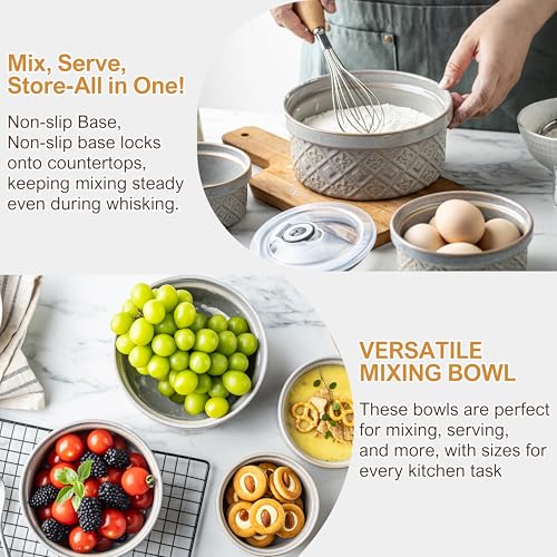 MISSYSSIM Ceramic Mixing Bowls with Lids Set of 4, Embossed Nesting Storage Bowls for Cooking, Serving, Salad, Popcorn etc, Microwave and Dishwasher Safe, Baking Dishes 12/16/28/40 oz (Gray) - Image 3