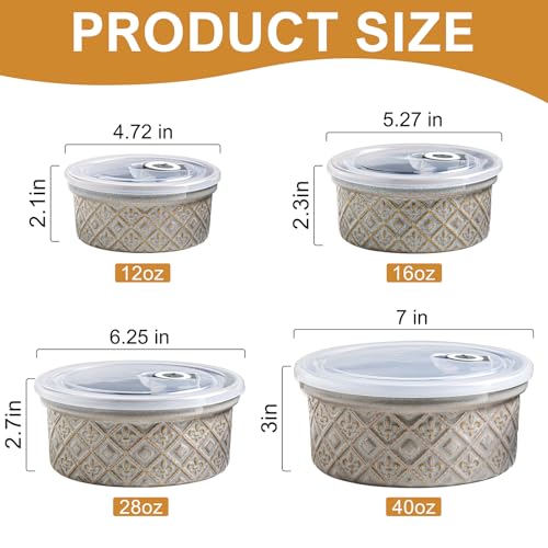 MISSYSSIM Ceramic Mixing Bowls with Lids Set of 4, Embossed Nesting Storage Bowls for Cooking, Serving, Salad, Popcorn etc, Microwave and Dishwasher Safe, Baking Dishes 12/16/28/40 oz (Gray) - Image 4