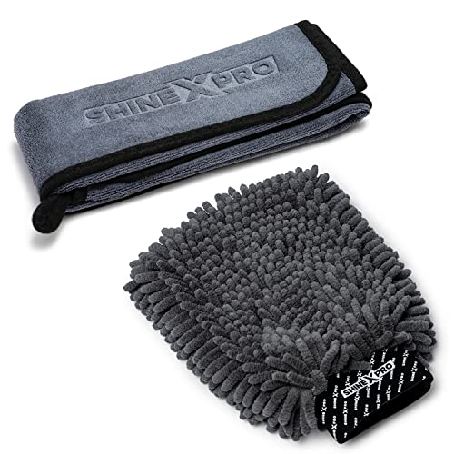 ShineXPro Microfiber Car Cleaning Cloth and Wash Mitt Kit - Includes OG Soft 500 GSM Extra Large (35x75 CM) Microfiber Cloth for Car and Dual Sided Chenille Microfiber Wash Mitt - Image 1