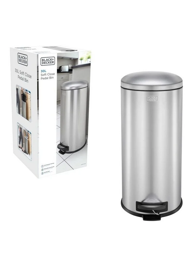 BLACK+DECKER Soft Close Stainless Steel Pedal Trash Bin Silver and Black 30 L 61254