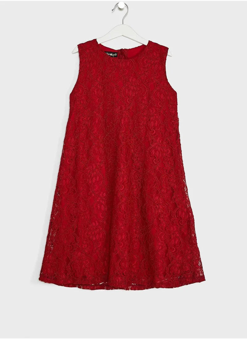 Little Golden Apple Kids Little Solid Lace Detailed  Dress