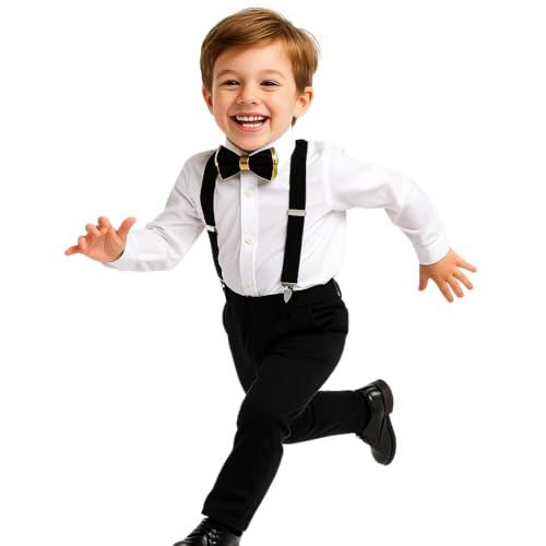 RR DESIGN Kids Black Suspenders and Gold faux -Trim Bow Tie Set, Adjustable Formal Wear Accessories for Special Occasions(1-6 years) (Black) - Image 1