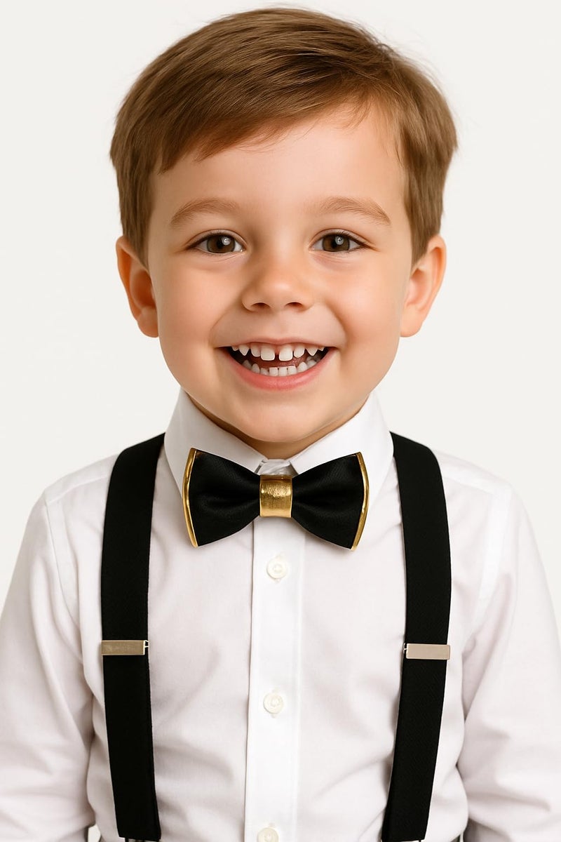 RR DESIGN Kids Black Suspenders and Gold faux -Trim Bow Tie Set, Adjustable Formal Wear Accessories for Special Occasions(1-6 years) (Black) - Image 2