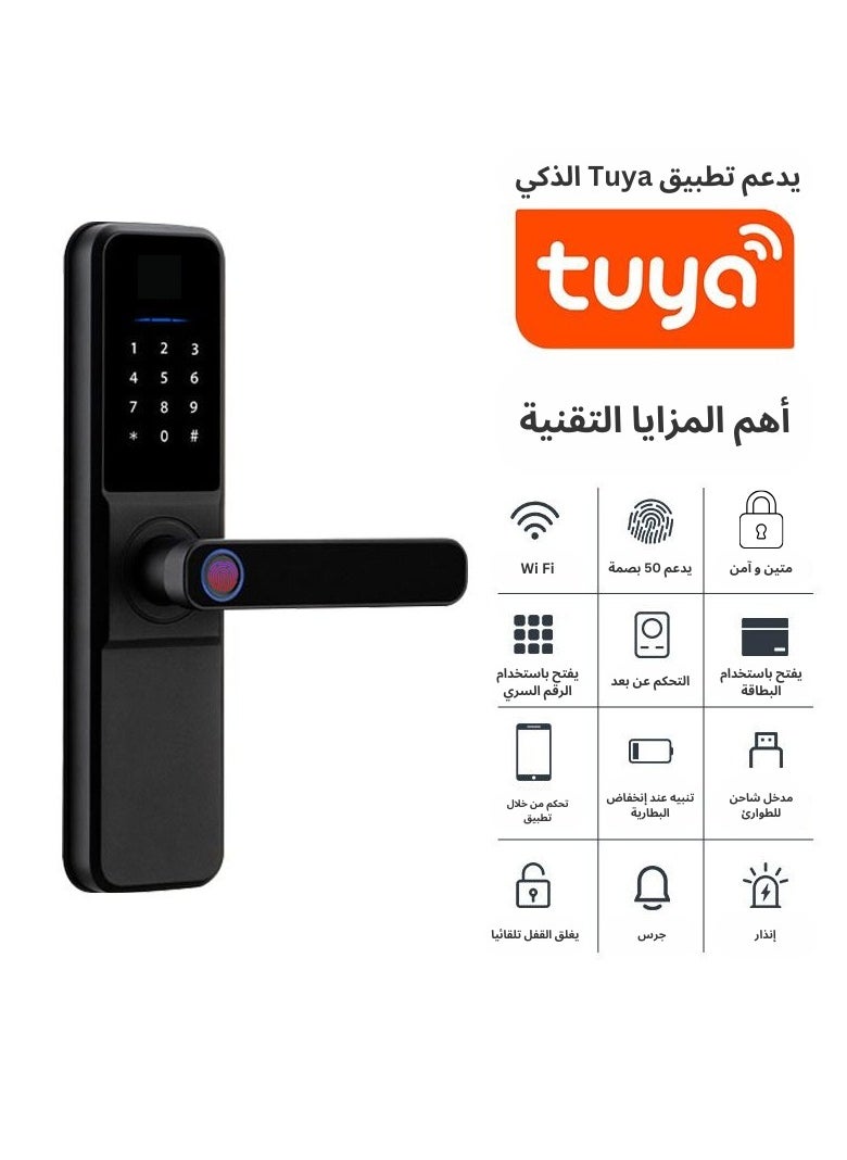 Smart Door Lock Fingerprint Wi-Fi – Remote Control via App – Keyless Entry – High Security – Easy Installation – Suitable for Homes, Offices, and Hotels – Supports Fingerprint, Passcode, Card, and Mechanical Key – Stylish and Durable Design