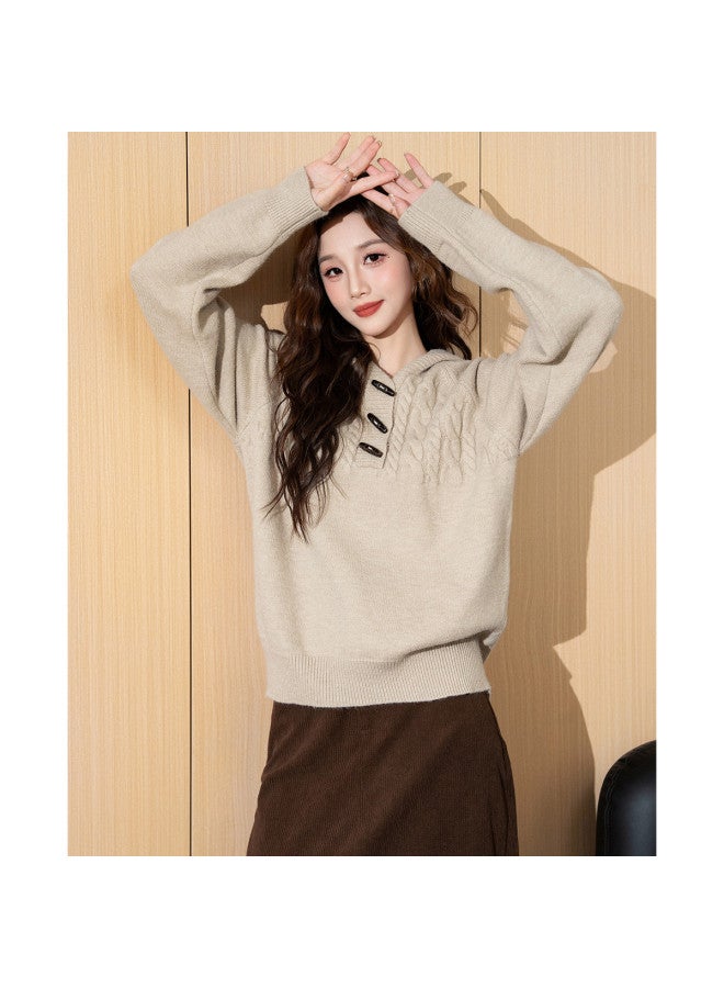 TonLion 2025 Autumn And Winter Fashion Niche Hooded Cable Knit Sweater, Simple And Versatile Loose Comfortable Top For Women - Image 2