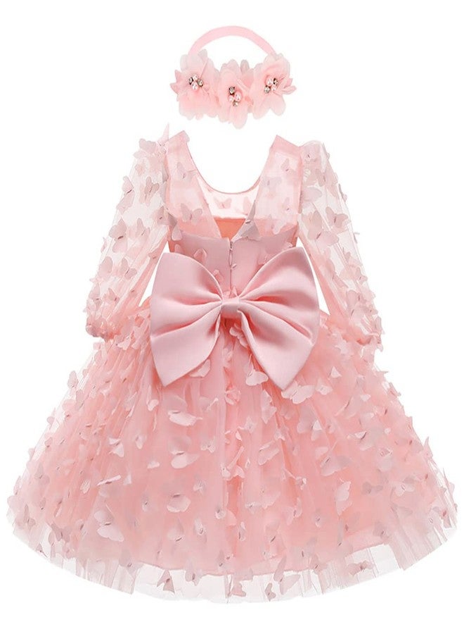 OBEEII Toddler Baby Girls 3D Butterfly Tutu Dress Sheer Mesh Long Sleeve Bowknot Princess Flower Girl Wedding Dress Infant Baptism Birthday Party Dresses Prom Pageant Tulle Ball Gown Pink 6 Months - Image 1