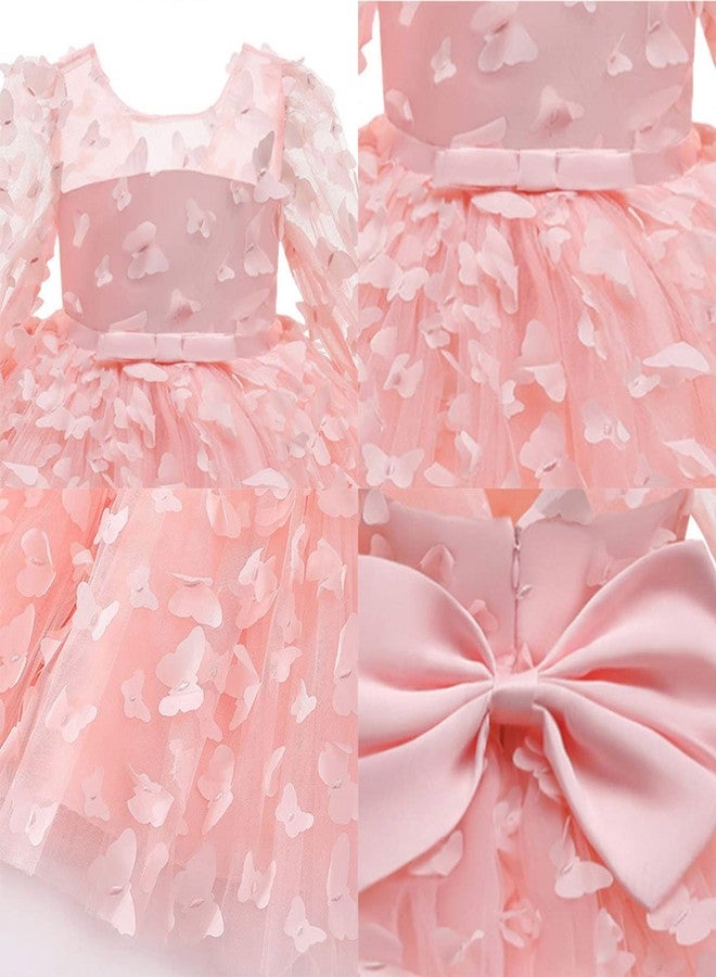 OBEEII Toddler Baby Girls 3D Butterfly Tutu Dress Sheer Mesh Long Sleeve Bowknot Princess Flower Girl Wedding Dress Infant Baptism Birthday Party Dresses Prom Pageant Tulle Ball Gown Pink 6 Months - Image 4