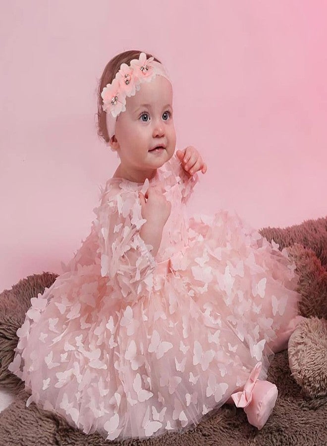 OBEEII Toddler Baby Girls 3D Butterfly Tutu Dress Sheer Mesh Long Sleeve Bowknot Princess Flower Girl Wedding Dress Infant Baptism Birthday Party Dresses Prom Pageant Tulle Ball Gown Pink 6 Months - Image 2