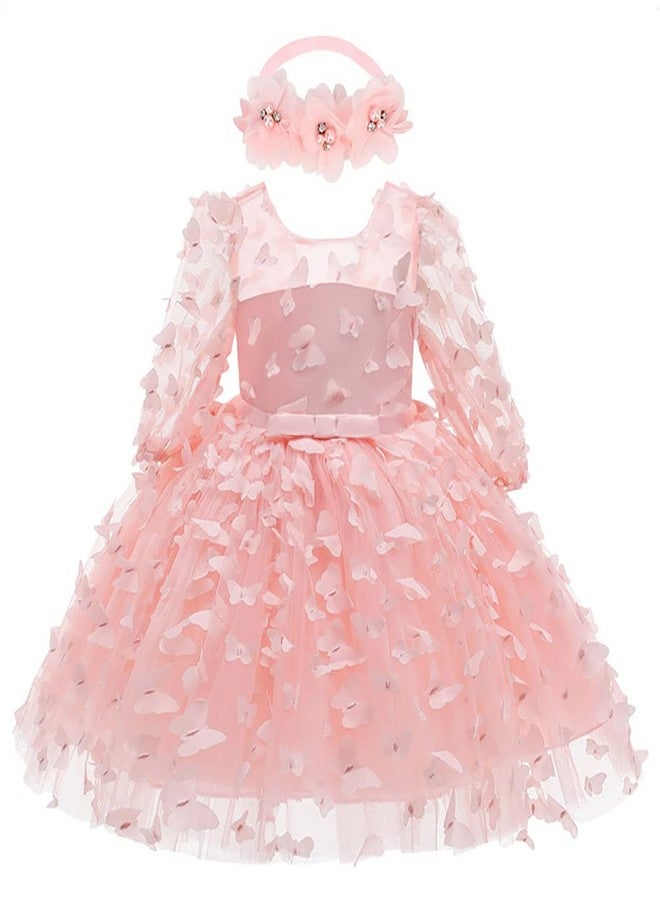 OBEEII Toddler Baby Girls 3D Butterfly Tutu Dress Sheer Mesh Long Sleeve Bowknot Princess Flower Girl Wedding Dress Infant Baptism Birthday Party Dresses Prom Pageant Tulle Ball Gown Pink 6 Months - Image 3