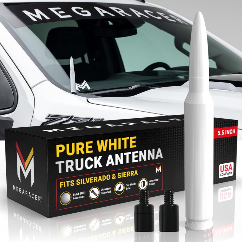 Mega Racer Gloss White 50 Cal Bullet Antenna for Chevy Silverado & GMC Sierra 1500 2500 (1999-2026) â€“ Rugged Billet Aluminum, UV & Chip-Resistant, Car Wash Safe, Short Replacement, Truck Accessories Upgrade - Image 1