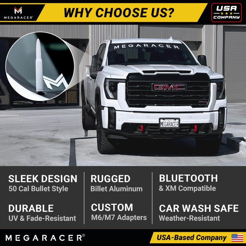 Mega Racer Gloss White 50 Cal Bullet Antenna for Chevy Silverado & GMC Sierra 1500 2500 (1999-2026) â€“ Rugged Billet Aluminum, UV & Chip-Resistant, Car Wash Safe, Short Replacement, Truck Accessories Upgrade - Image 5