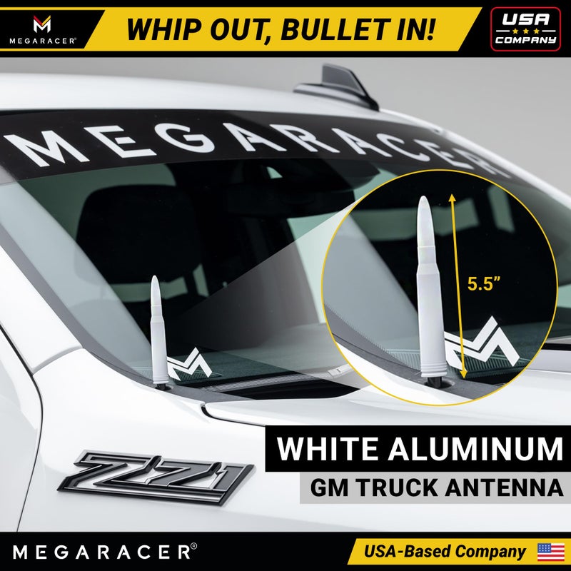 Mega Racer Gloss White 50 Cal Bullet Antenna for Chevy Silverado & GMC Sierra 1500 2500 (1999-2026) â€“ Rugged Billet Aluminum, UV & Chip-Resistant, Car Wash Safe, Short Replacement, Truck Accessories Upgrade - Image 2