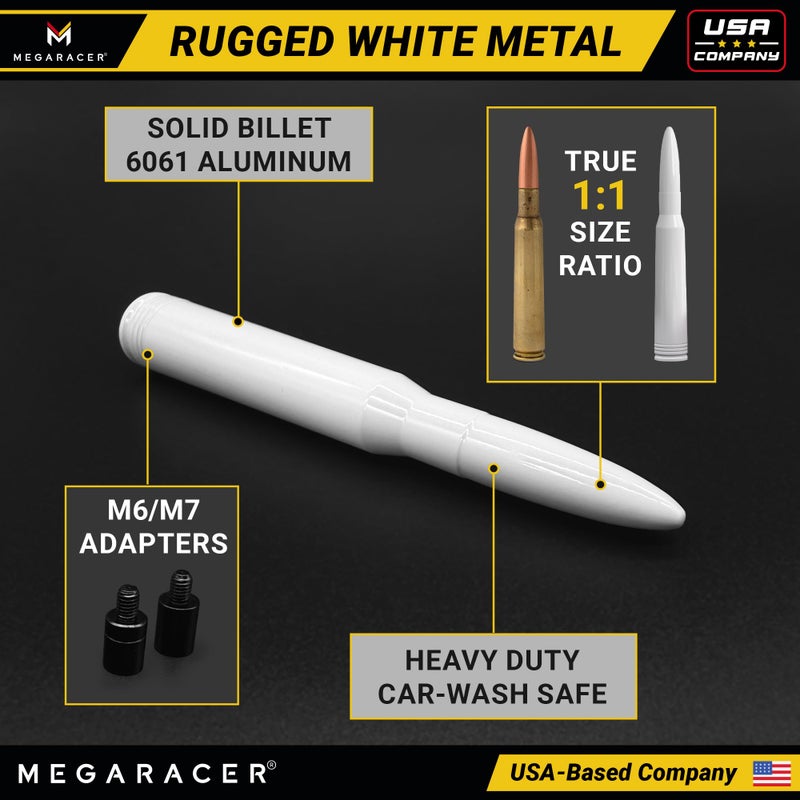 Mega Racer Gloss White 50 Cal Bullet Antenna for Chevy Silverado & GMC Sierra 1500 2500 (1999-2026) â€“ Rugged Billet Aluminum, UV & Chip-Resistant, Car Wash Safe, Short Replacement, Truck Accessories Upgrade - Image 4