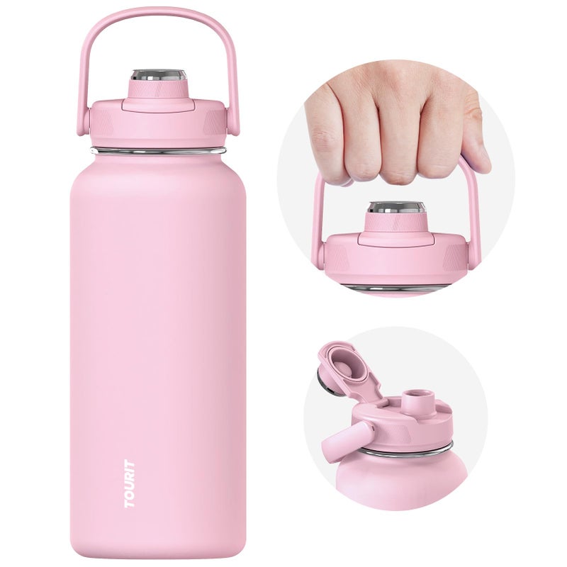 TOURIT 32 oz Insulated Water Bottle, Stainless Steel Sports Water Bottles With Top Handle, Double-Wall Travel Thermal Water Flask, BPA Free Leakproof Water Bottle for Sports and Travel,Pink - Image 1