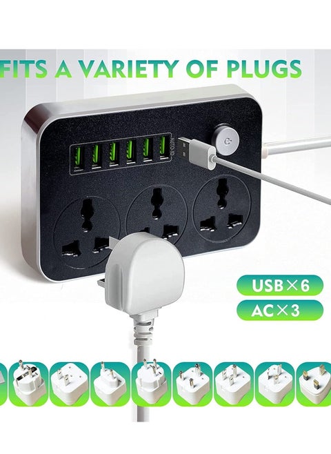 Power Strips Extension Cord 3 Outlets, Power Socket with 6 USB Ports Universal Charging Socket with 2M Bold Extension Cord