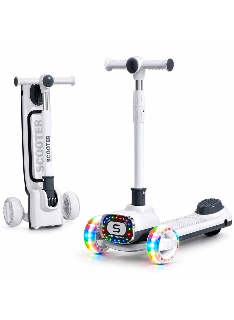 Kids 3-Wheel Scooter with LED Lights, Music & Front Headlight – Adjustable Handlebar – Rear Brake – Ages 3–12