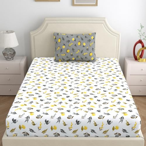 Home Ecstasy 100% Cotton Single Bedsheet with 1 Pillow Cover, 140 TC Floral Grey for Single Bed (4.8ft X 7.3ft) - Image 2