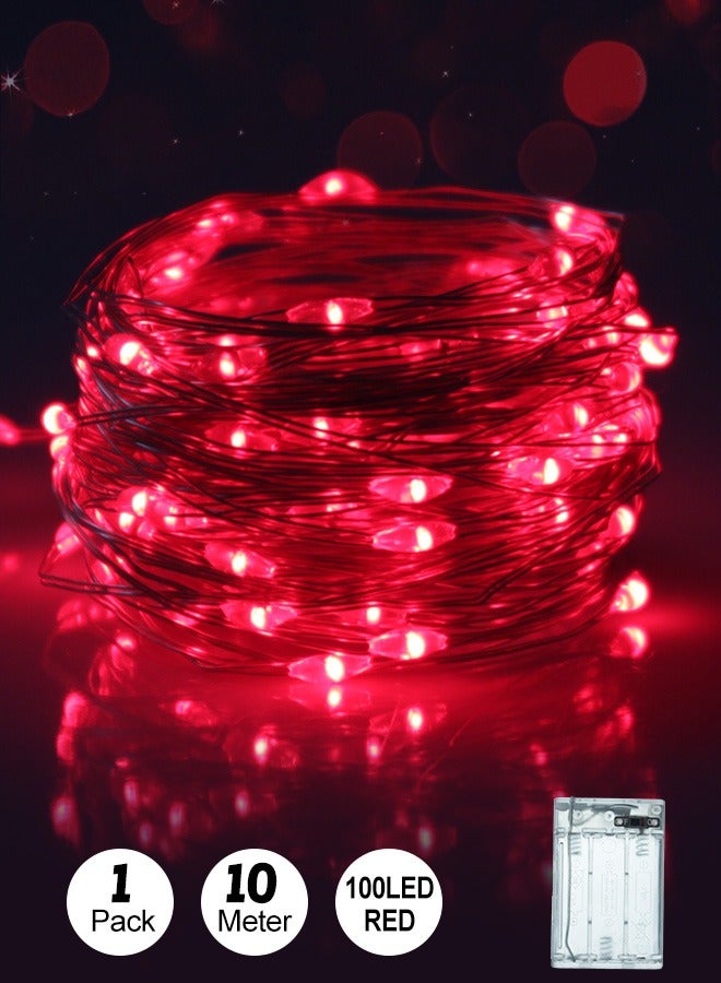 بشكل مختصر [عبوتان] أضواء عيد الميلاد الساحرة ذات الثنائيات المضيئة (LED)، تعمل بالبطارية، 10 أمتار/100 مصباح LED بلون أحمر، علبة بطارية مقاومة للمياه (3 بطاريات AA)، أضواء داخلية وخارجية لشجرة الكريسماس، الأعراس، الهالوين، الحفلات، زينة الحدائق (باللون الأحمر) - Image 1