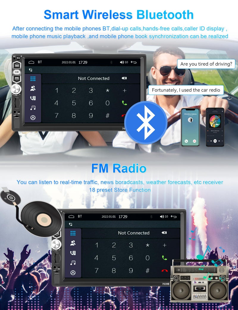 Podofo Single Din Car Stereo Radio with Carplay Android Auto,Podofo 7Inch 1080P HD IPS Touchscreen 5.1Bluetooth Car Radio Audio Support FM Radio EQ Mirror Link SWC USB/TF/Aux-in Ports+Backup Camera - Image 3