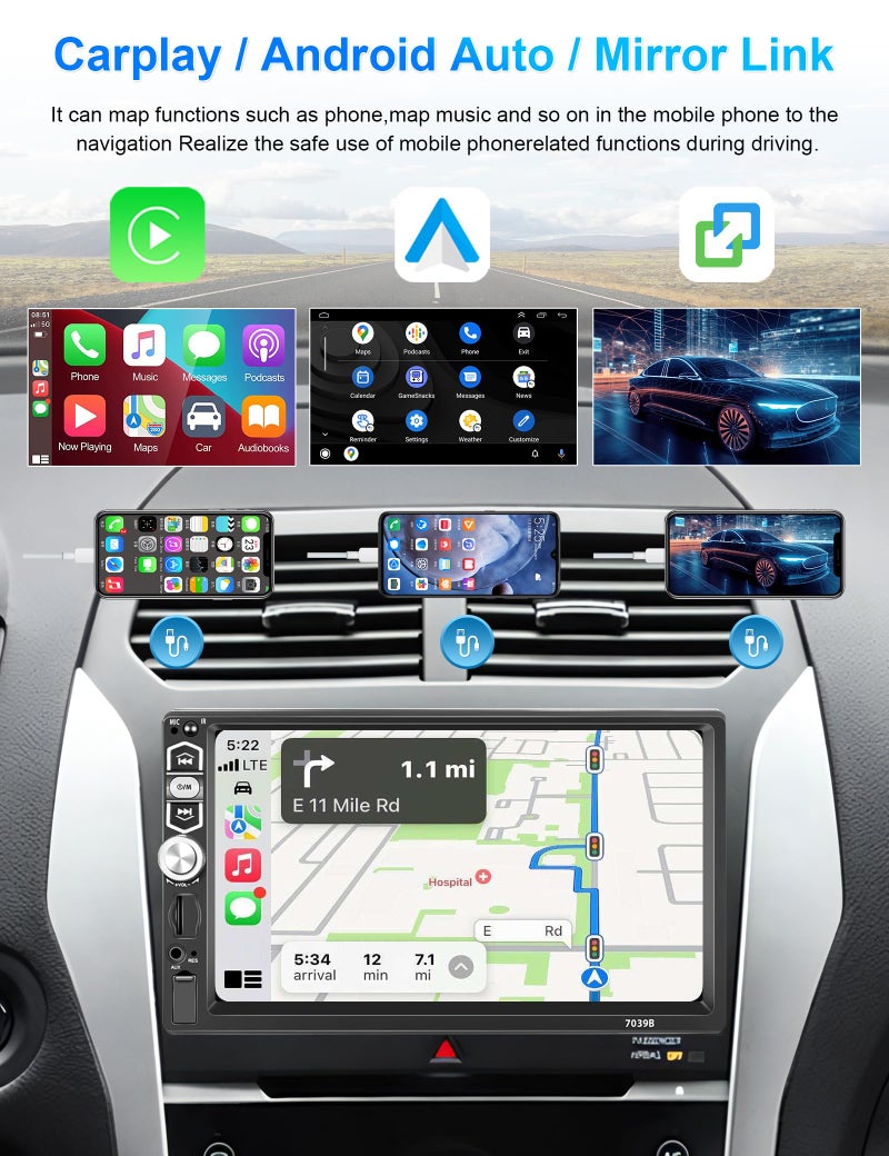 Podofo Single Din Car Stereo Radio with Carplay Android Auto,Podofo 7Inch 1080P HD IPS Touchscreen 5.1Bluetooth Car Radio Audio Support FM Radio EQ Mirror Link SWC USB/TF/Aux-in Ports+Backup Camera - Image 2