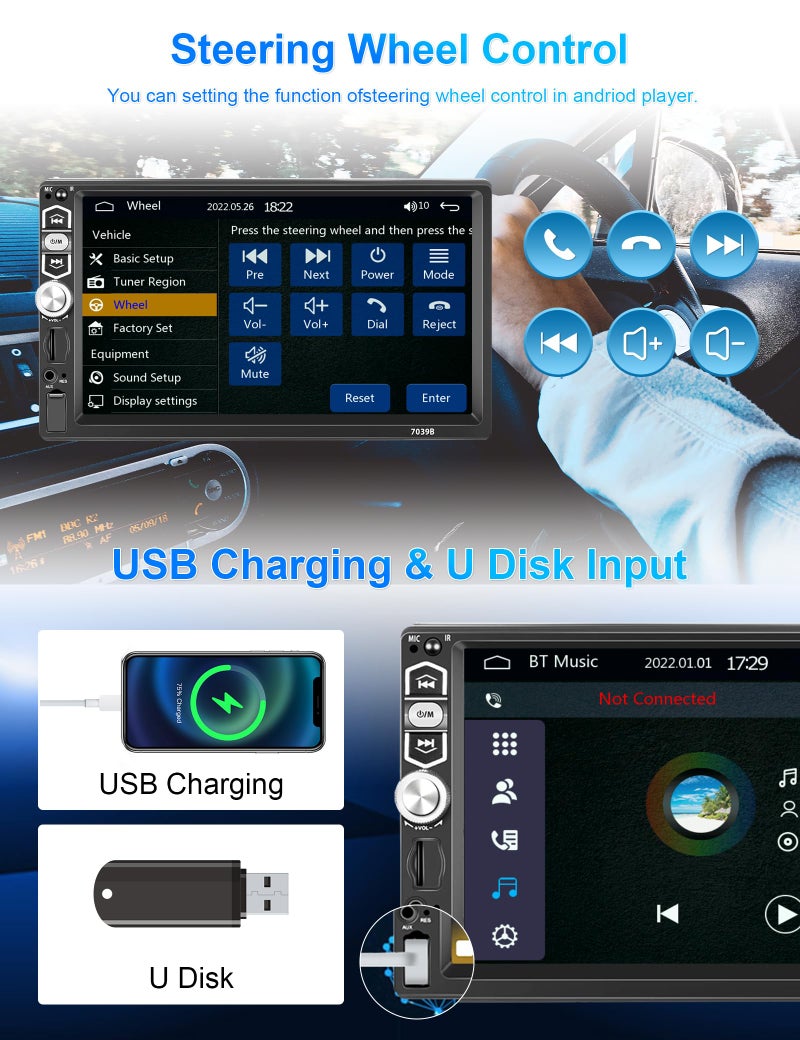 Podofo Single Din Car Stereo Radio with Carplay Android Auto,Podofo 7Inch 1080P HD IPS Touchscreen 5.1Bluetooth Car Radio Audio Support FM Radio EQ Mirror Link SWC USB/TF/Aux-in Ports+Backup Camera - Image 5