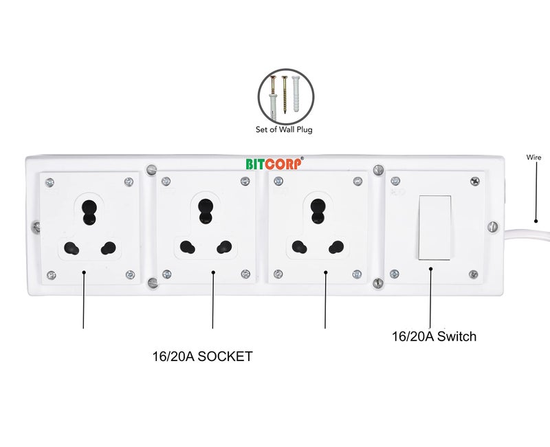 BITCORP 16A Heavy Duty Power Extension Board with Switches with 3 Socket 1 Switch, 3500W, 2 Meter 2.5mm Electric Cord for AC, Refrigerator, EV Charger, Washing Machine, Geyser - Image 3