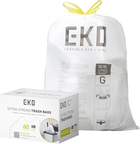 EKO 21 Gallon / 50-90 Liter, 60 Count Drawstring Trash Bags, Extra-Strong Unscented Garbage Bags, Easy-Dispense Roll for Kitchen & Household Use, Code G, White - Image 1