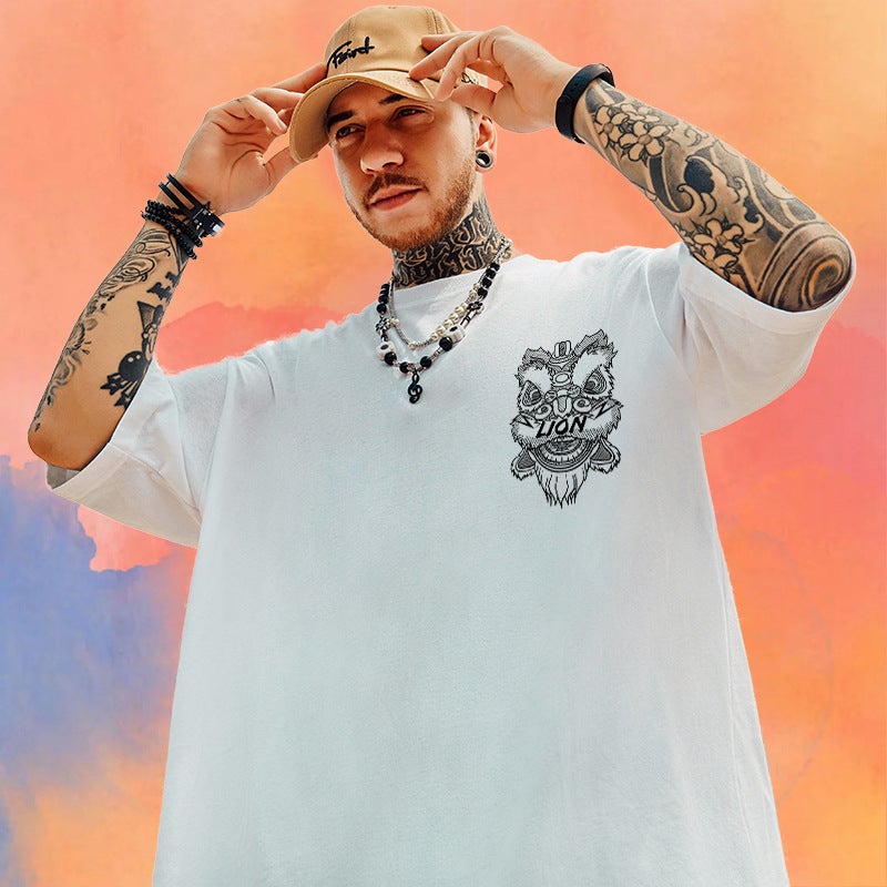 Lion Dance Chinese Style National Fashion T-Shirt Oversize Plus Size Loose Fat Men'S Fashion Brand Couple Wear Short Sleeve Summer - Image 3