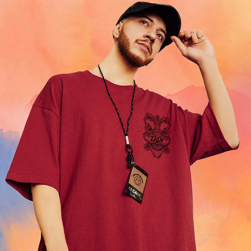 Lion Dance Chinese Style National Fashion T-Shirt Oversize Plus Size Loose Fat Men'S Fashion Brand Couple Wear Short Sleeve Summer - Image 5