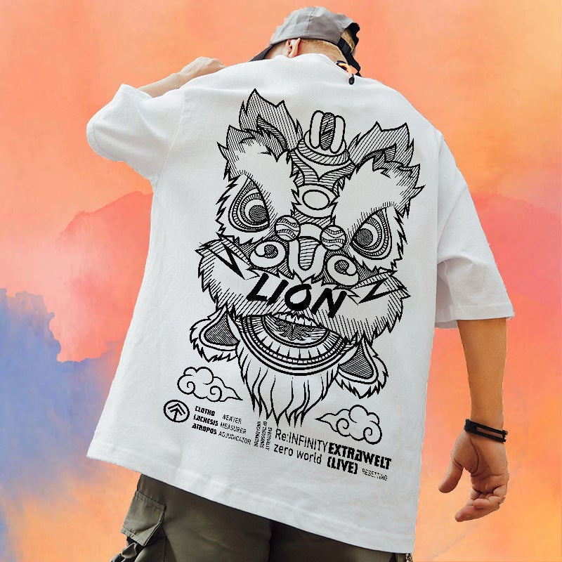 Lion Dance Chinese Style National Fashion T-Shirt Oversize Plus Size Loose Fat Men'S Fashion Brand Couple Wear Short Sleeve Summer - Image 2