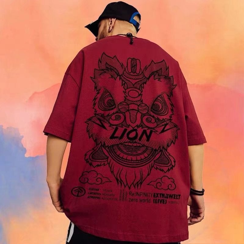 Lion Dance Chinese Style National Fashion T-Shirt Oversize Plus Size Loose Fat Men'S Fashion Brand Couple Wear Short Sleeve Summer - Image 4