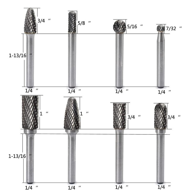 Carbide Burr Set 8Pcs 1/4 Inch Shank Diameter Double Cut Rotary Files Metal Grinding Polishing Carving Tool Drill Bits For Die Grinder Kits - Image 3