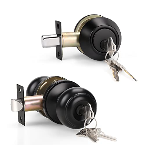 KNOBWELL Entry Door Knob and Single Cylinder Deadbolt Lock Set, Exterior Door Lock Set, Exterior Door Knob with Key Lock and Deadbolt for Entrance and Front Door, Matte Black - Image 1