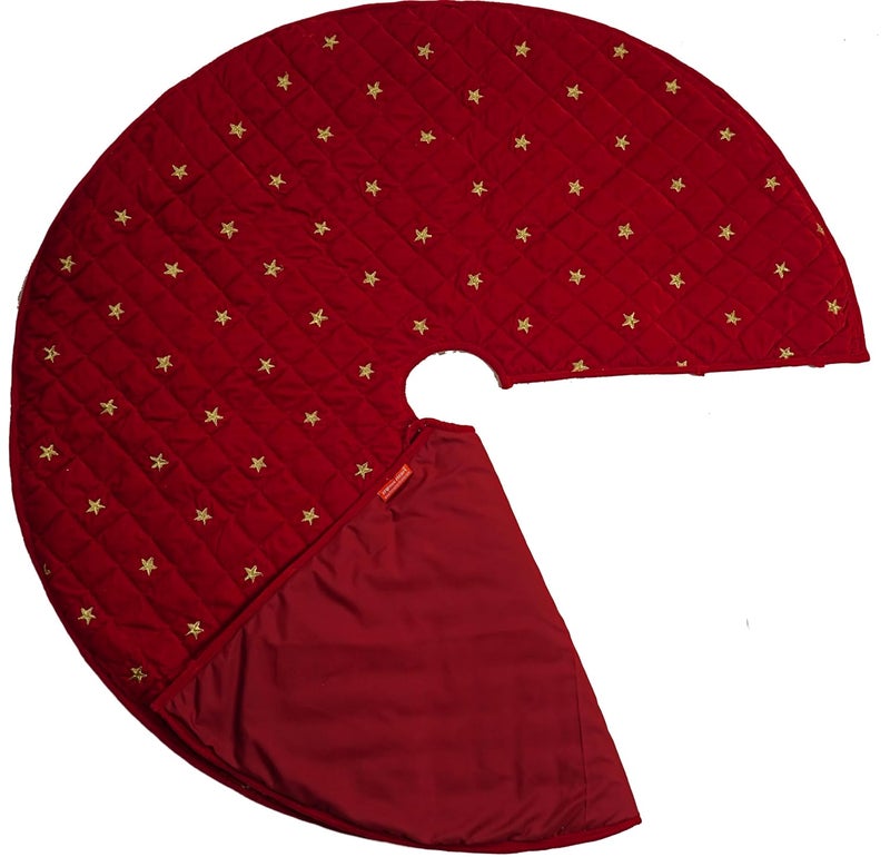 HOME HEART HOME HEART Brands Gold Star Embroidered Dark red Quilted 175 inch Mini Round Micro Velvet Double Layer Thick Christmas Tree Skirt 6059XS  - Image 3