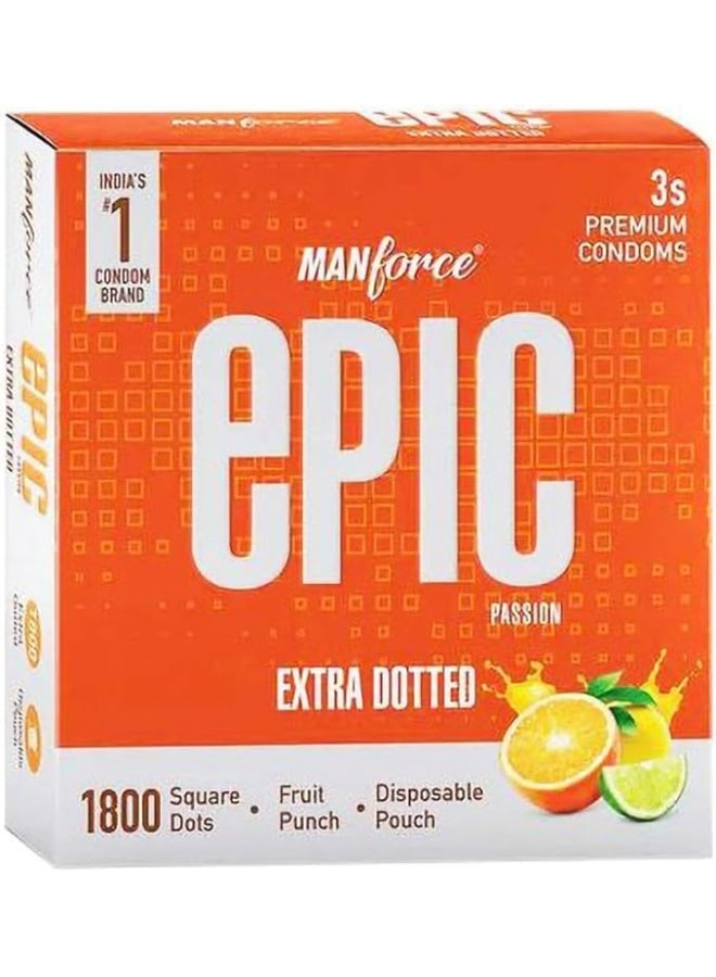 Manforce Epic Passion | Extra Dotted Condom for Intense Pleasure | Fruit Punch Flavour, 3 Pcs | With Disposable Pouch| Vegan | No Hard Chemicals| Super Thin| Lubricated Latex Condoms - Image 1