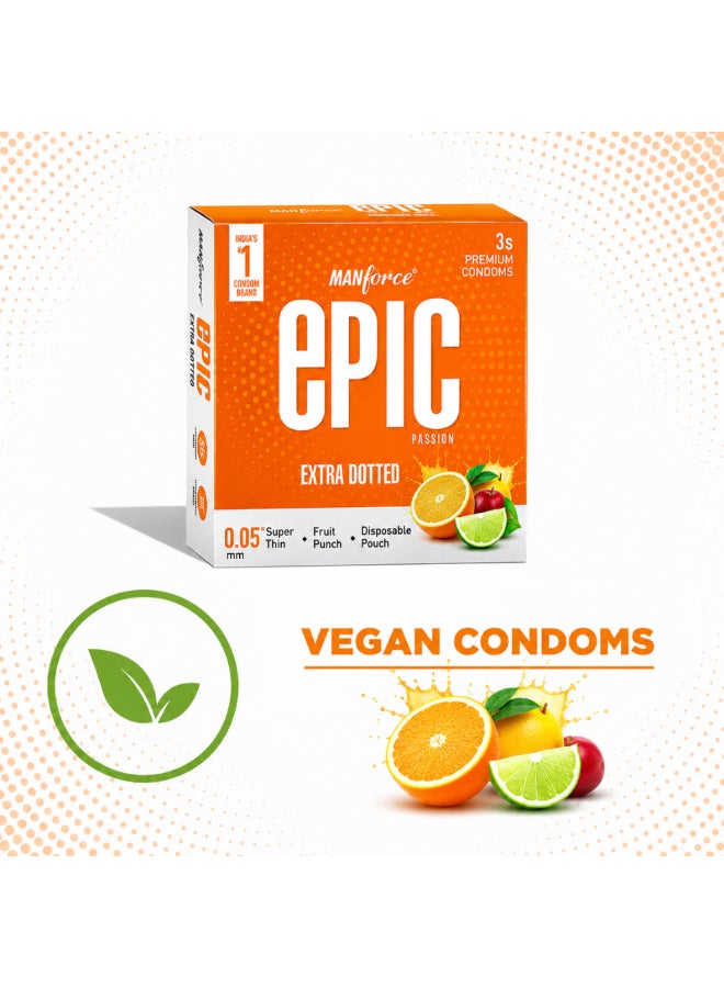 Manforce Epic Passion | Extra Dotted Condom for Intense Pleasure | Fruit Punch Flavour, 3 Pcs | With Disposable Pouch| Vegan | No Hard Chemicals| Super Thin| Lubricated Latex Condoms - Image 2