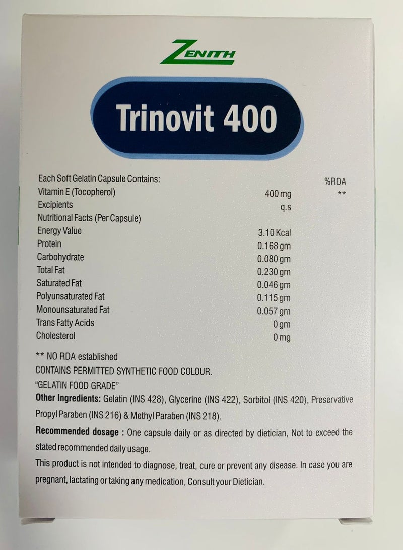 Zenith Trinovit 400 High Potent Vitamin E 400 Softgels 30's pack - Image 2