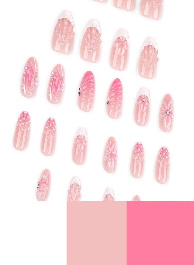 ASABITE 24Pcs French Tip Almond Press on Nails Medium Fake Nails with 3D Shell Pearl Rhinestone Flower Design Cute Flower False Nails Artificial Acrylic Nails Press ons Reusable Pink Stick on Nails for Women - Image 2