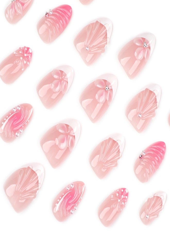 ASABITE 24Pcs French Tip Almond Press on Nails Medium Fake Nails with 3D Shell Pearl Rhinestone Flower Design Cute Flower False Nails Artificial Acrylic Nails Press ons Reusable Pink Stick on Nails for Women - Image 3