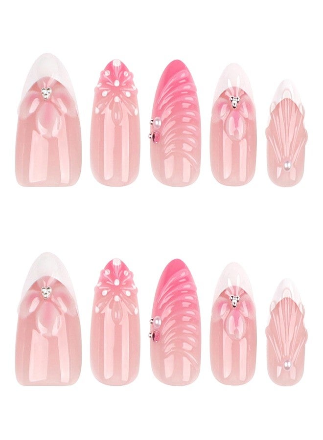 ASABITE 24Pcs French Tip Almond Press on Nails Medium Fake Nails with 3D Shell Pearl Rhinestone Flower Design Cute Flower False Nails Artificial Acrylic Nails Press ons Reusable Pink Stick on Nails for Women - Image 5