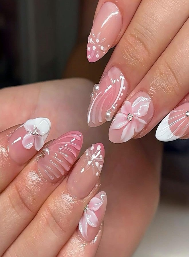 ASABITE 24Pcs French Tip Almond Press on Nails Medium Fake Nails with 3D Shell Pearl Rhinestone Flower Design Cute Flower False Nails Artificial Acrylic Nails Press ons Reusable Pink Stick on Nails for Women - Image 1