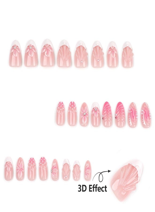 ASABITE 24Pcs French Tip Almond Press on Nails Medium Fake Nails with 3D Shell Pearl Rhinestone Flower Design Cute Flower False Nails Artificial Acrylic Nails Press ons Reusable Pink Stick on Nails for Women - Image 4