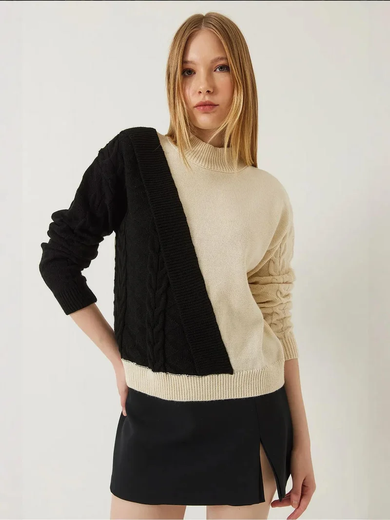 Bianco Lucci LUCCI Patterned Half Turtleneck Ribbed Sweater